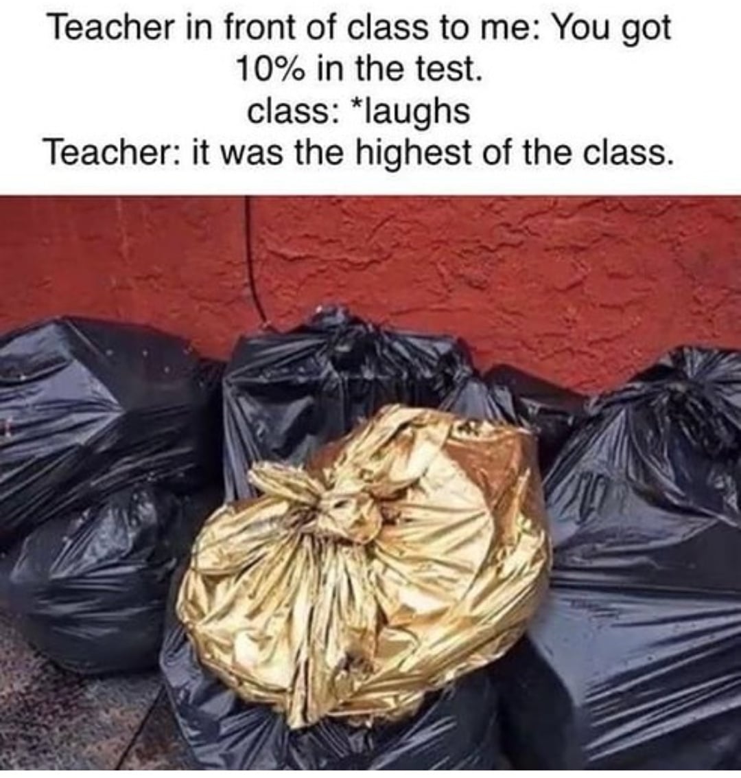 Dank Meme, School, Trash, Garbage, Teacher, Golden other-memes dank text: Teacher in front of class to me: You got 10% in the test. class: *laughs Teacher: it was the highest of the class. 