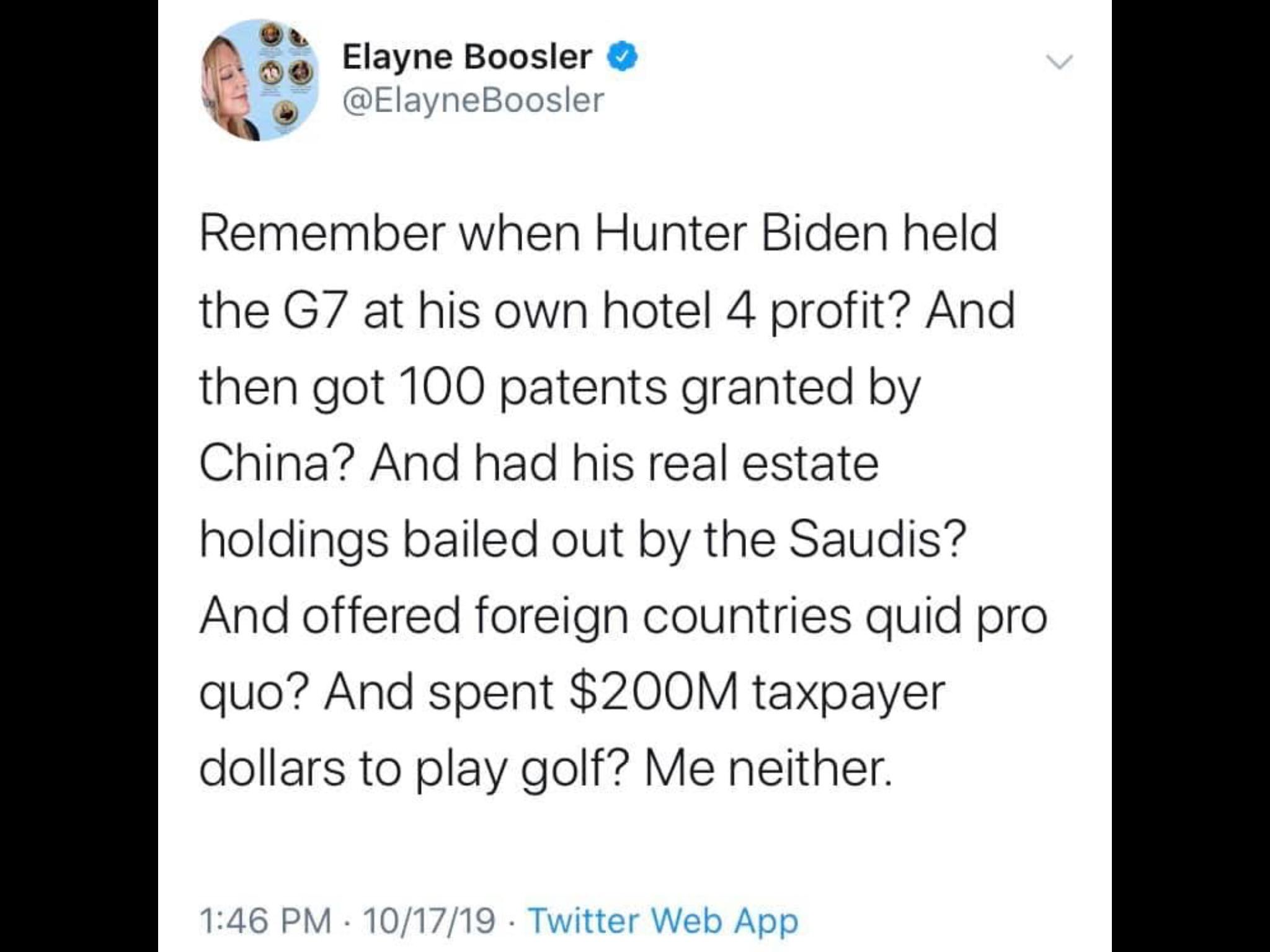 political political-memes political text: Elayne Booster O 3 @ElayneBoosler Remember when Hunter Biden held the G7 at his own hotel 4 profit? And then got 100 patents granted by China? And had his real estate holdings bailed out by the Saudis? And offered foreign countries quid pro quo? And spent $200M taxpayer dollars to play golf? Me neither. 1:46 PM • 10/17/19 • Twitter Web App 