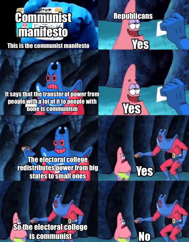 political political-memes political text: Communist This is the communist manifesto It says that the transter otoower trom a 10t ot it to oeome with none is communism The elegoral college redistributes*er from big stat'S to small ones So the electoral college is communist Republicans Yes Yes Yes 