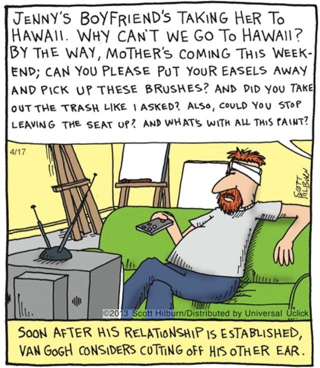 boomer boomer-memes boomer text: JENNY'S BoYFRlENDls TAKING HER To HAWAII. CAN'T we Go To HAWAII? BY THE MoTHER's CoMlNC, THIS END; CAN You PLEASE PUT YOUR EASELS AWAY AND THESE BRUSHES? you TAK TRASH LIKE ALSO, couvD You LEAVIBSG THE ALL THiS CAM? 4/17 cott Hilburn/Dist/ibuted by Universal Uåick 020 ms ESTABLISHED, VANGoGA HSoTHER EAR. 