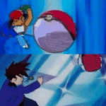 Gary and Ash throwing Pokeballs Pokemon meme template blank