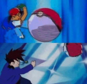 Gary and Ash throwing Pokeballs Pokemon meme template