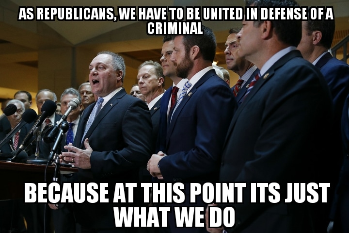 political political-memes political text: AS REPUBLICANS, WE HAVE TO BE DEFENSE OFA CRIMINAL BECAUSE AT POINT ITS JUST WHAT WE DO 