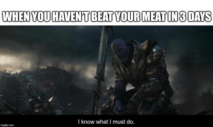 thanos avengers-memes thanos text: WHEN YOU HAVEN'T BEAT YOUR MEAT IN 3 DAYS I know what I must do. 