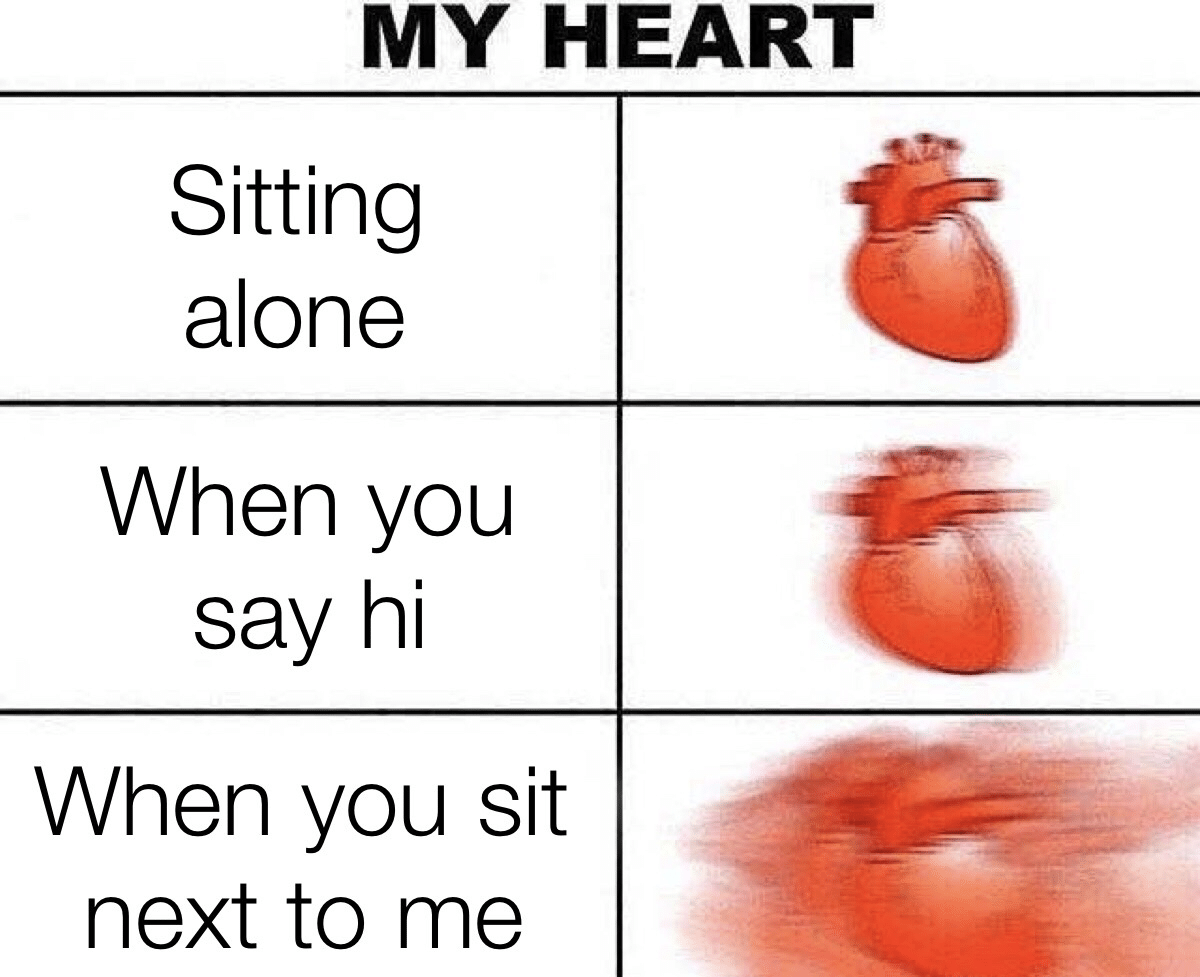 cute wholesome-memes cute text: MY HEART Sitting alone When you say hi When you sit next to me 