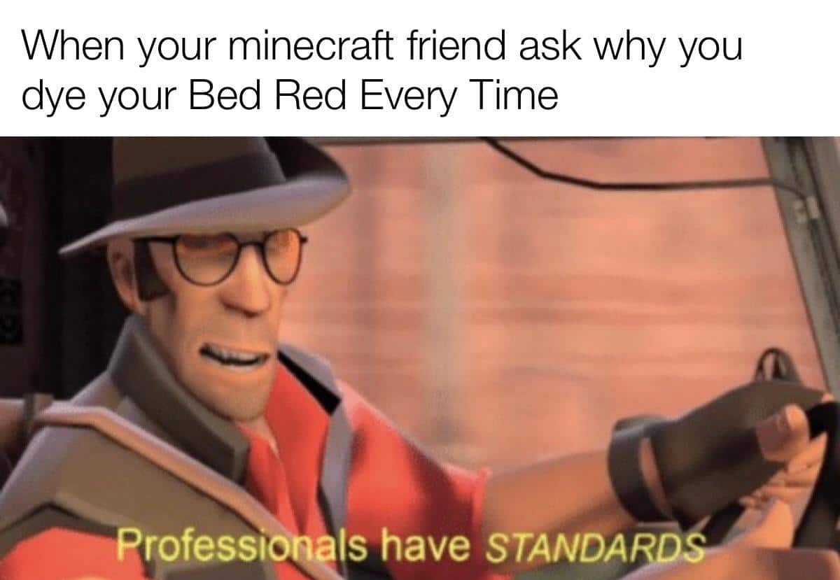minecraft minecraft-memes minecraft text: When your minecraft friend ask why you dye your Bed Red Every Time z—qrofessonals have STANDA 