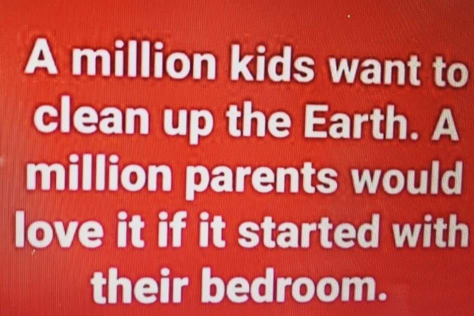 boomer boomer-memes boomer text: A million kids want to clean up the Earth. A million parents would ove it if it started with their bedroom. 