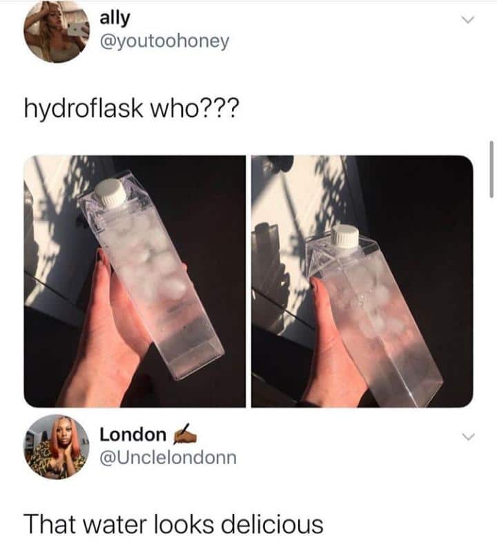 water water-memes water text: @youtoohoney hydroflask who??? London @Unclelondonn That water looks delicious 