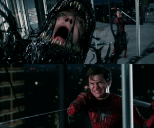 Spiderman shooting web at Venom Confused meme template