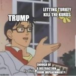 political-memes political text: TRUMP LETTING TURKEY KILLTHEKURDS ENOUGH OF A DISTRACTION Is this FROM IMPEACHMENT? imgflipcom  political