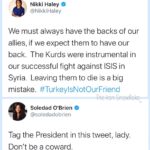political-memes political text: Nikki Haley @NikkiHaley We must always have the backs of our allies, if we expect them to have our back. The Kurds were instrumental in our successful fight against ISIS in Syria. Leaving them to die is a big mistake. #TurkeylsNotOurFriend The Iron Snowflake Soledad O