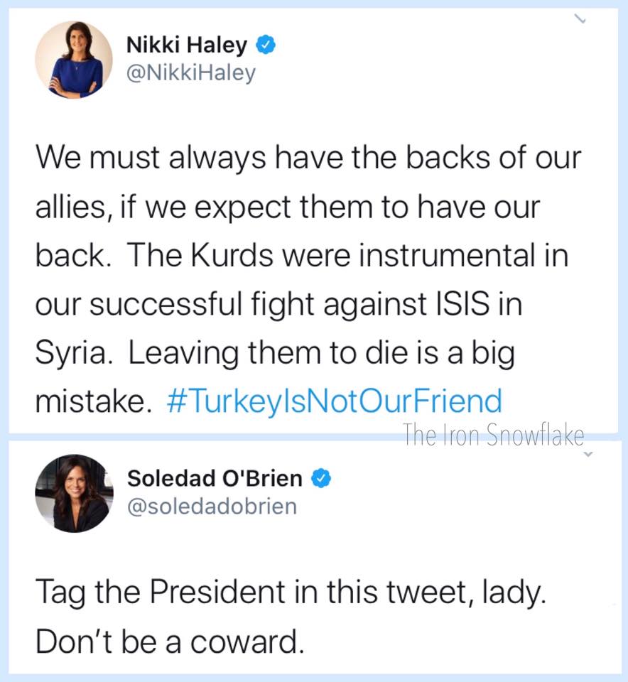 political political-memes political text: Nikki Haley @NikkiHaley We must always have the backs of our allies, if we expect them to have our back. The Kurds were instrumental in our successful fight against ISIS in Syria. Leaving them to die is a big mistake. #TurkeylsNotOurFriend The Iron Snowflake Soledad O'Brien @soledadobrien Tag the President in this tweet, lady. Don't be a coward. 