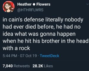 christian-memes christian text: Heather Flowers @HTHRFLWRS in cain's defense literally nobody had ever died before, he had no idea what was gonna happen when he hit his brother in the head with a rock 5:44 PM • 07 Oct 19 • TweetDeck Likes 7,040 28.2K Retweets