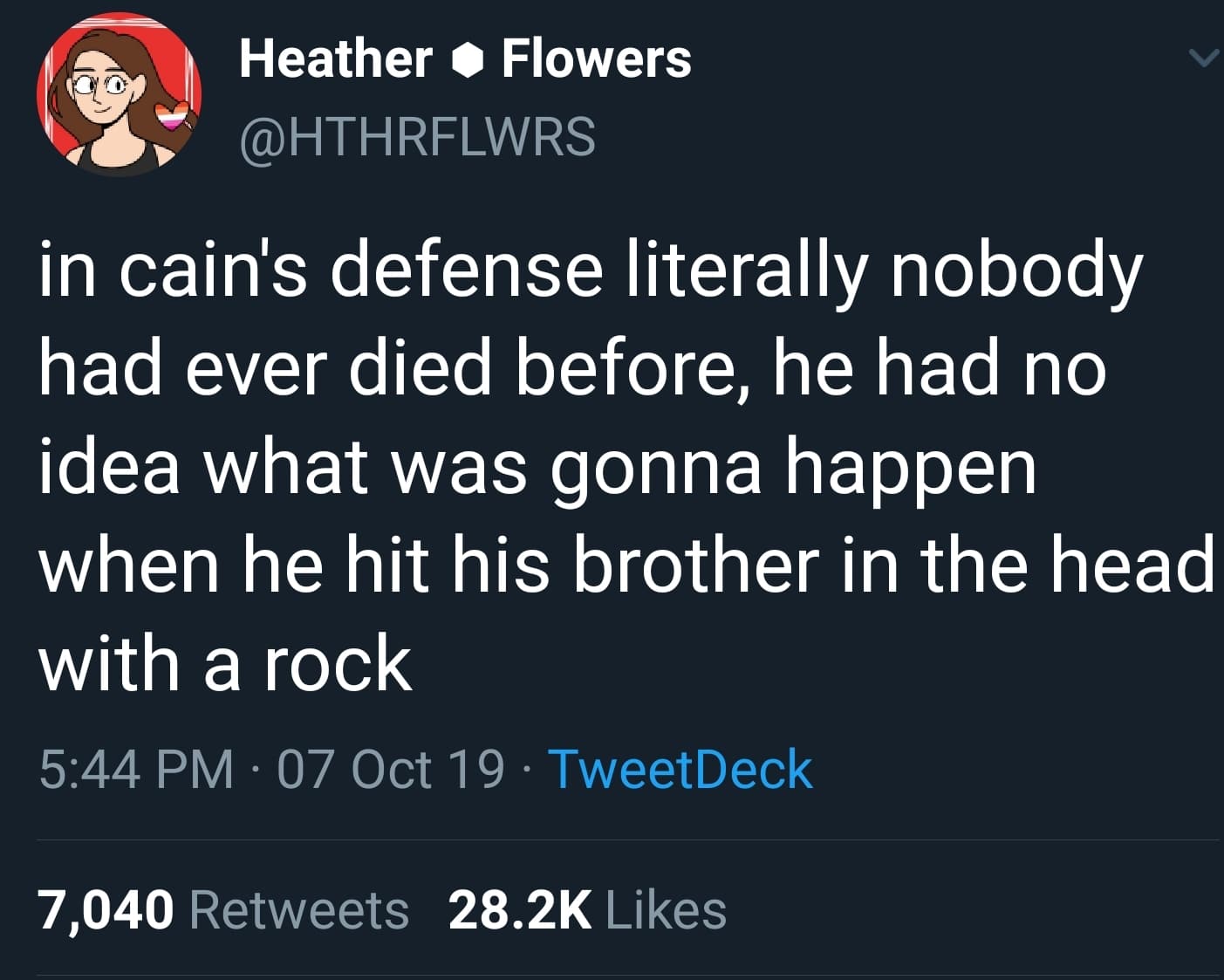 christian christian-memes christian text: Heather Flowers @HTHRFLWRS in cain's defense literally nobody had ever died before, he had no idea what was gonna happen when he hit his brother in the head with a rock 5:44 PM • 07 Oct 19 • TweetDeck Likes 7,040 28.2K Retweets 