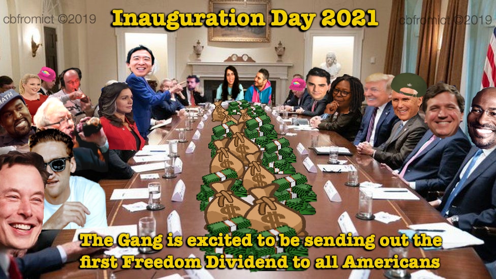 political yang-memes political text: *Itiauguratipn DaylaOa1 ofr The Gang is excited top sending out tue first Fieedofi Dfridäid to all Americans 