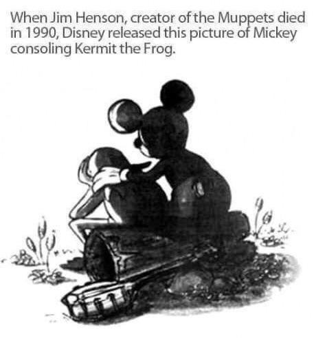 cute wholesome-memes cute text: When Jim Henson, creator ofthe Muppets died in 1990, Disney released this picture of Mickey consoling Kermit the Frog. 