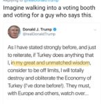 political-memes political text: Brian Tyler Cohen @briantylercohen Replying to @realDonaldTrump Imagine walking into a voting booth and voting for a guy who says this. Donald J. Trump @realDonaldTrump As I have stated strongly before, and just to reiterate, if Turkey does anything that l, in my great and unmatched wisdom, consider to be off limits, I will totally destroy and obliterate the Economy of Turkey (I