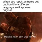 avengers-memes thanos text: When you repost a meme but caption it in a different language so it appears original: Realität kann sein was ich will.  thanos
