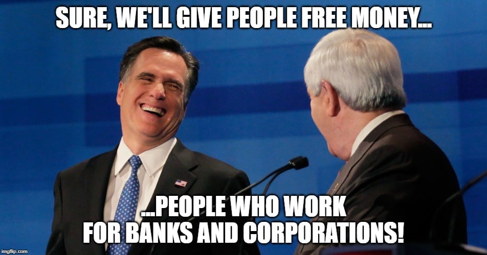 humanity-first yang-memes humanity-first text: SURE, WE'LL GIVE PEOPLE FREE MONEY„. WORK FOR BANKS AND CORPORATIONS! 