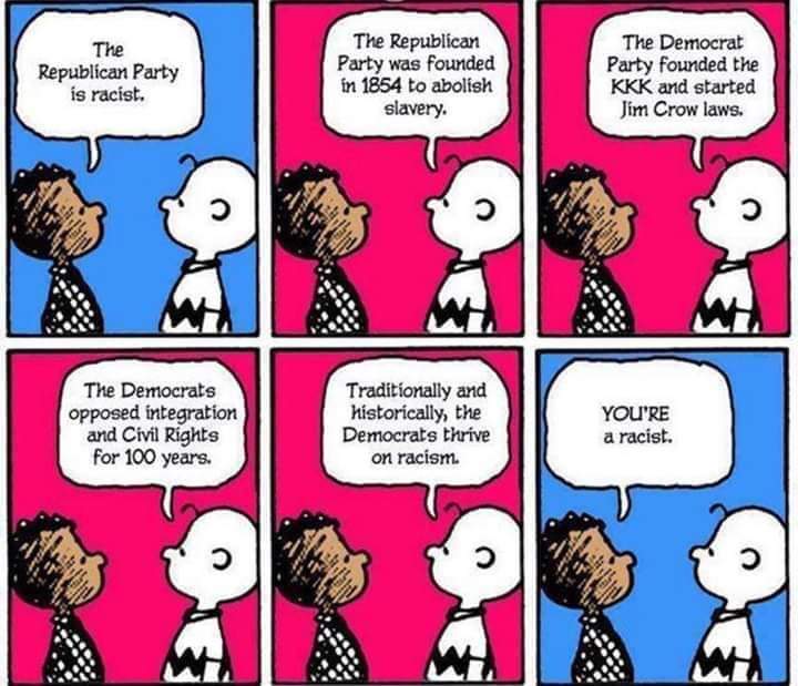 political boomer-memes political text: Republican Party is racist. The Democrats opposed integration and Civil Rights for 100 years. Republican Party wag Founded in 1854 to abolish Traditionally and historically, the Democrats thrive on racism The Democrat Party founded the KKK and started Jim Crow laws. a racist. 