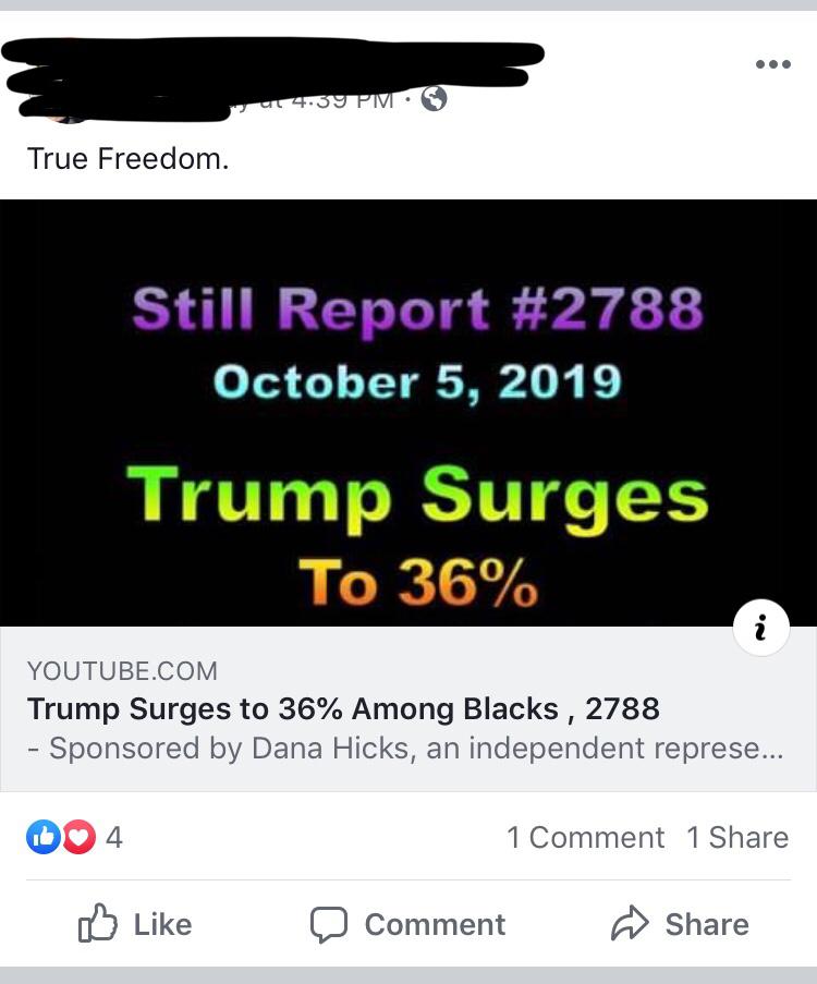 political political-memes political text: True Freedom. Still Report #2788 October 5, 2019 Trump Surges To 36% i YOUTUBE.COM Trump Surges to 36% Among Blacks , 2788 - Sponsored by Dana Hicks, an independent represe... 00 4 [D Like 1 Comment 1 Share C) Comment Share 