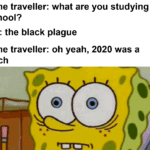 spongebob-memes spongebob text: Time traveller: what are you studying in school? Me: the black plague Time traveller: oh yeah, 2020 was a bitch  Spongebob Meme, Coronavirus, COVID-19, COVID, Plague, Disease