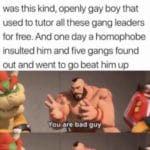 wholesome-memes cute text: My dad used to live in a really bad area growing up surrounded by a lot of gangs and he told me that there was this kind, openly gay boy that used to tutor all these gang leaders for free. And one day a homophobe insulted him and five gangs found out and went to go beat him up You are bad guy But this does not mean vou are bad auVÄ  cute