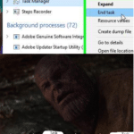 avengers-memes thanos text: > Task Manager Steps Recorder Background processes (72) Adobe Genuine Software Integ Adobe Updater Startup Utility End task Resource Create dump file Go to details Open file location I used the Tas to destroy the Manager Task Mana  thanos