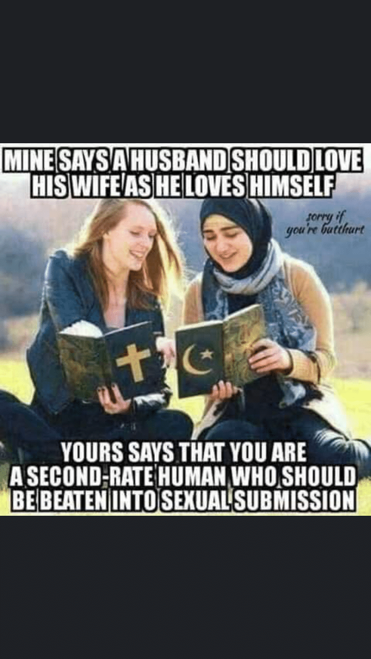 political boomer-memes political text: MINE SAYS A HUSBAND SHOULD LOVE HIS WIFVAS HEILOVESHIMSELF youztt/tgrt YOURS SAYS THAT ARE A SECOND-RATE HUMAN WHO.SHOULD INTOiSEXUALiSUBMlSSlON' 