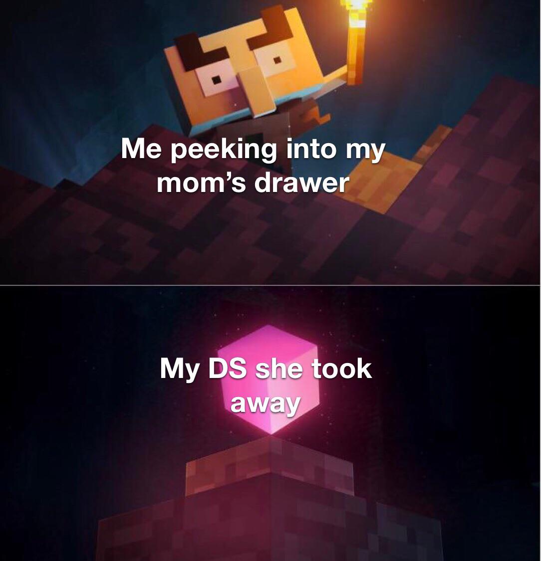 minecraft minecraft-memes minecraft text: Me peeking into my mom's drawer My DS she 00k away 