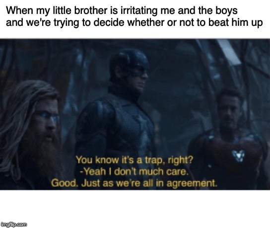 thanos avengers-memes thanos text: When my little brother is irritating me and the boys and we're trying to decide whether or not to beat him up You know it's a trap. right? -Yeah I dont much care. Good Just as we're all in aareement_ 