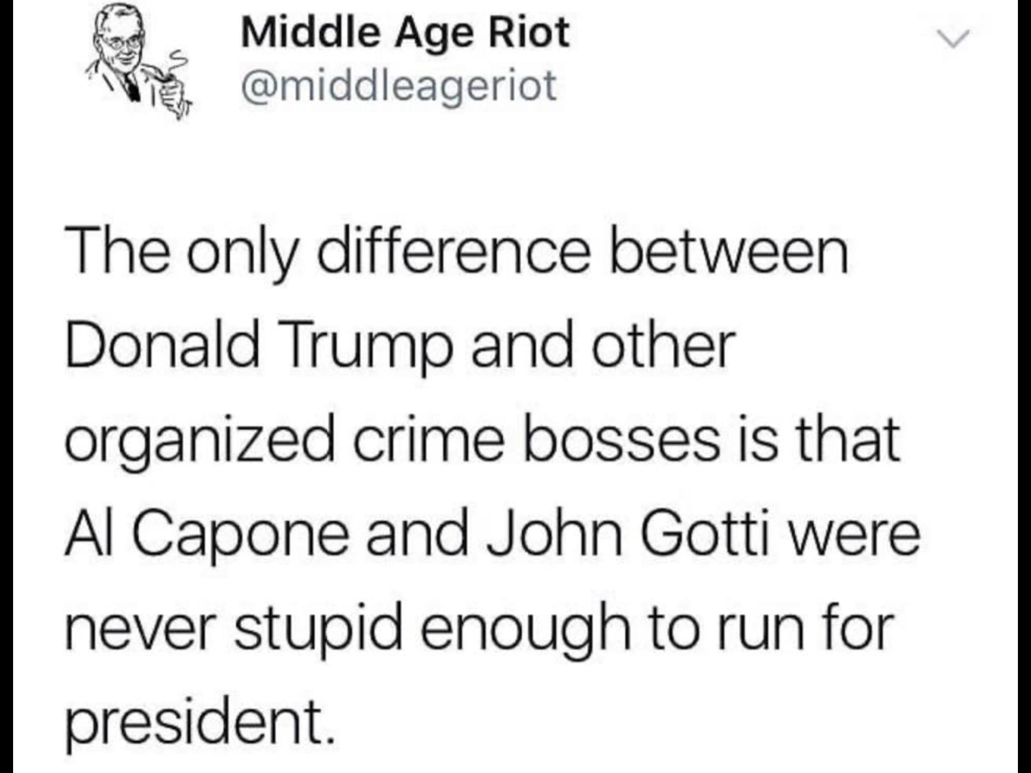 political political-memes political text: Middle Age Riot @middleageriot The only difference between Donald Trump and other organized crime bosses is that Al Capone and John Gotti were never stupid enough to run for president. 