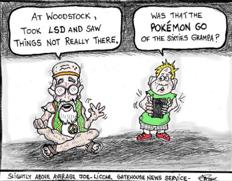 boomer boomer-memes boomer text: AT WOODSTOCK Took LSD AÅD THINGS NOT REALLY THERE, WAS POKÉMON GO OF THE GRAMPÅ ? -Sii€uuy GATEAOUSE SENicz- 