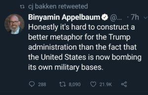 political-memes political text: cj bakken retweeted Binyamin Appelbaum Honestly it's hard to construct a better metaphor for the Trump administration than the fact that the United States is now bombing its own military bases. 0 288 t-a 8,090 0 21.9K <