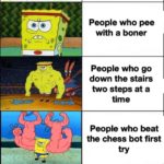 spongebob-memes spongebob text: People who shit at school People who pee with a boner People who go down the stairs two steps at a time People who beat the chess bot first try People who tell their barber they donlt like the haircut  spongebob