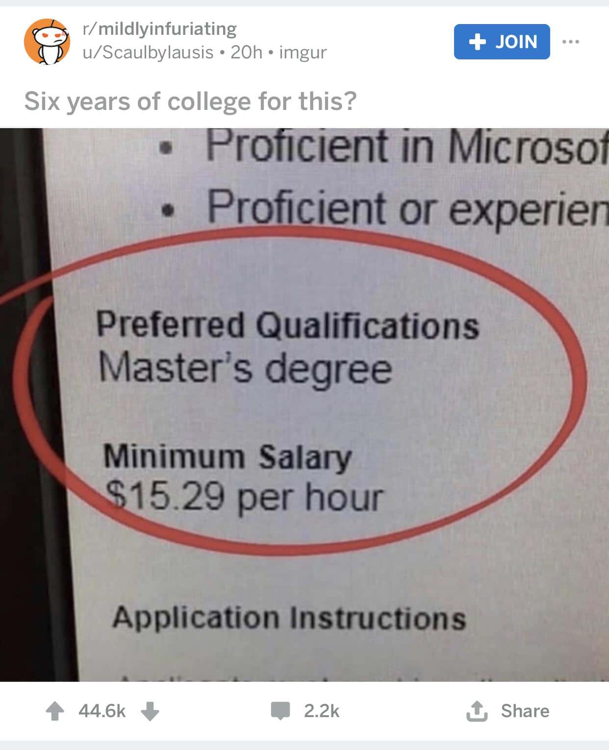 political yang-memes political text: r/ mildlyinfuriating u/Scaulbylausis • 20h • imgur Six years of college for this? ro clen In lcroso Proficient or experien Preferred Qualifications Master's degree Minimum Salary 1599 per hour Application Instructions 44.6k 2.2k Share 