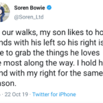 wholesome-memes cute text: Soren Bowie @Soren_Ltd On our walks, my son likes to hold hands with his left so his right is free to grab the things he loves the most along the way. I hold his hand with my right for the same reason. 8:06 • 22 Oct 19 • Twitter for iPhone  cute