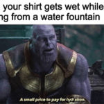 water-memes thanos text: When your shirt gets wet while drinking from a water fountain A price to pay for .tion.  thanos