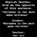 other-memes dank text: English Teacher : Give me the opposite of this sentence : "Children In the dark make mistakes " S tudent : "Mistakes in the dark make Children" Teacher : Get Out  dank