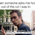 wholesome-memes cute text: When someone asks me how I got out of the rut I was in: ngredient is working out, therapy, and family  cute