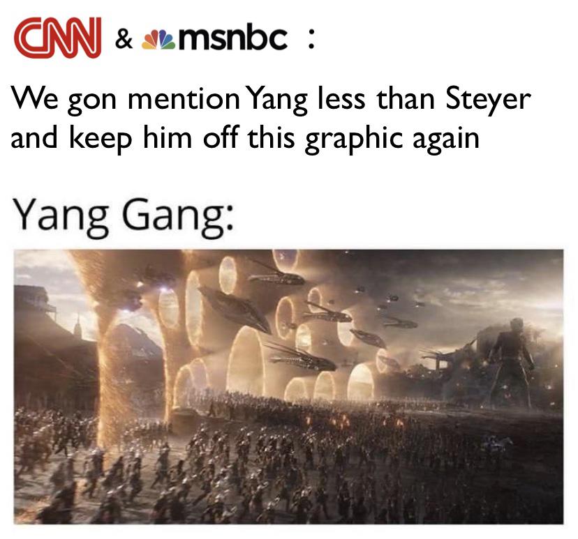 political yang-memes political text: & •msnbc . We gon mention Yang less than Steyer and keep him off this graphic again Yang Gang: 