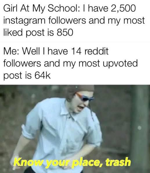 Dank Meme dank-memes cute text: Girl At My School: I have 2,500 instagram followers and my most liked post is 850 Me: Well I have 14 reddit followers and my most upvoted post is 64k eurp ace, trash 