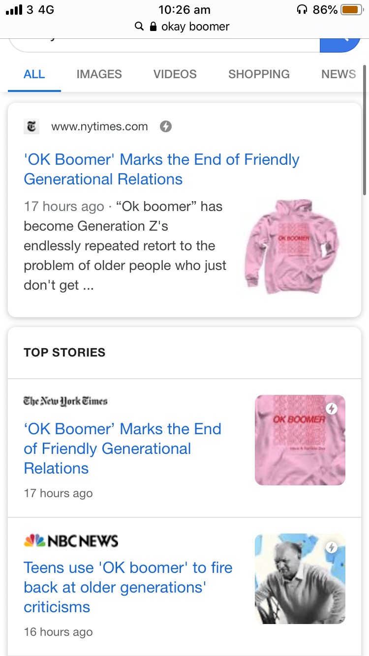 cringe boomer-memes cringe text: 10:26 am a okay boomer ALL Q IMAGES VIDEOS SHOPPING Q 860/0 e, NEWS E www.nytimes.com O 10K Boomer' Marks the End of Friendly Generational Relations 17 hours ago • 