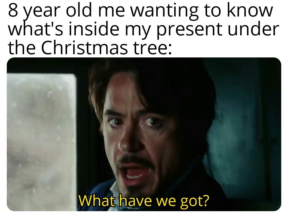 thanos avengers-memes thanos text: 8 year old me wanting to know what's inside my present under the Christmas tree: What have we got? 