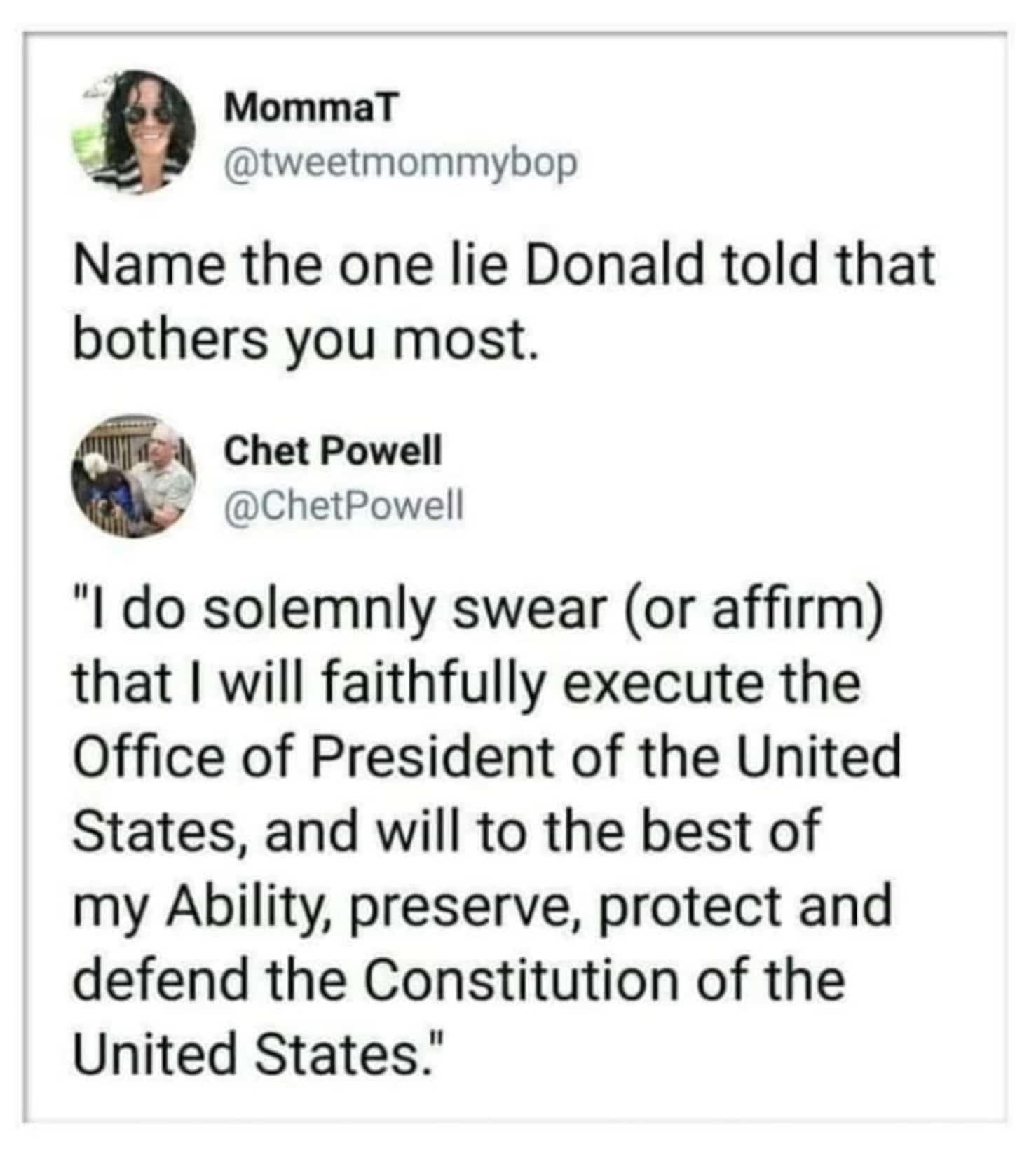 political political-memes political text: MommaT @tweetmommybop Name the one lie Donald told that bothers you most. Chet Powell @ChetPowell 