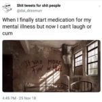 depression-memes depression text: Shit tweets for shit people @dai_dreemurr When I finally start medication for my mental illness but now I can