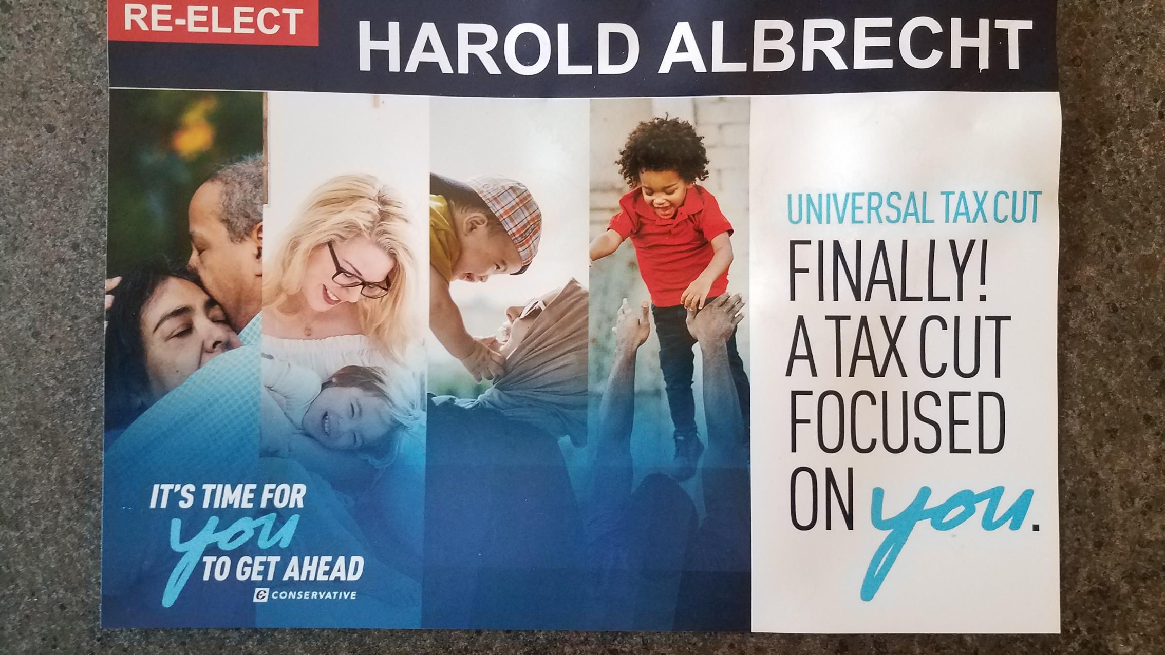 political political-memes political text: RE-ELECT IT's TIME FOR CONSERVATIVE HAROLD ALBRECHT UNIVERSAL TAX CUT CUT FOCUSED 