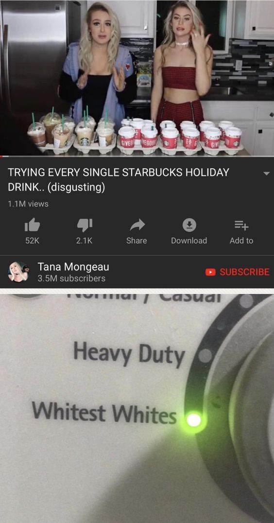 Dank Meme dank-memes cute text: TRYING EVERY SINGLE STARBUCKS HOLIDAY DRINK.. (disgusting) 1.1M views 52K 2.1K Share Download Add to SUBSCRIBE Tana Mongeau 3.5M subscribers Heavy Duty Whitest Whites 