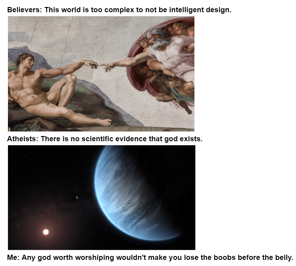 women feminine-memes women text: Believers: This world is too complex to not be intelligent design. Atheists: There is no scientific evidence that god exists. Me: Any god worth worshiping wouldn't make you lose the boobs before the belly. 