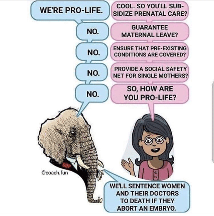 political political-memes political text: WE'RE PRO-LIFE. NO. NO. NO. @coach.fun COOL. SO YOU'LL SUB- SIDIZE PRENATAL CARE? GUARANTEE MATERNAL LEAVE? ENSURE THAT PRE-EXISTING CONDITIONS ARE COVERED? PROVIDE A SOCIAL SAFETY NET FOR SINGLE MOTHER SO, HOW ARE YOU PRO-LIFE? WELL SENTENCE WOMEN AND THEIR DOCTORS TO DEATH IF THEY ABORT AN EMBRYO. 